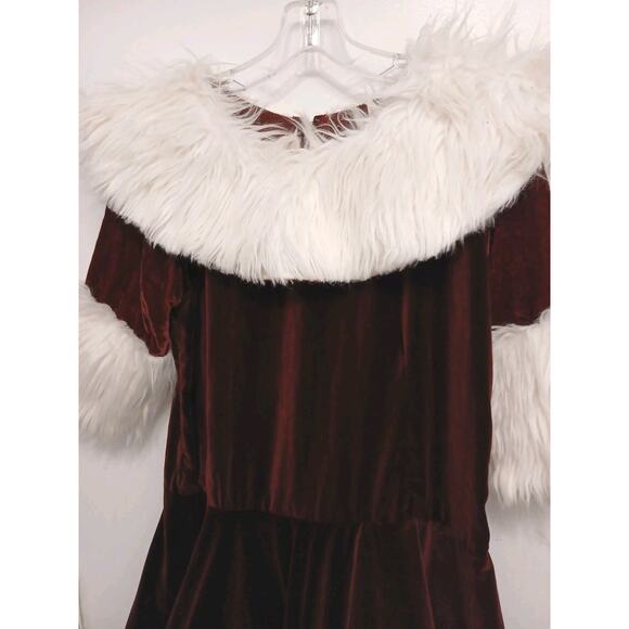 Christmas Caroler Mrs Santa Velvet Mini Dress M L Costume Burghandy Velvet White - Picture 5 of 16